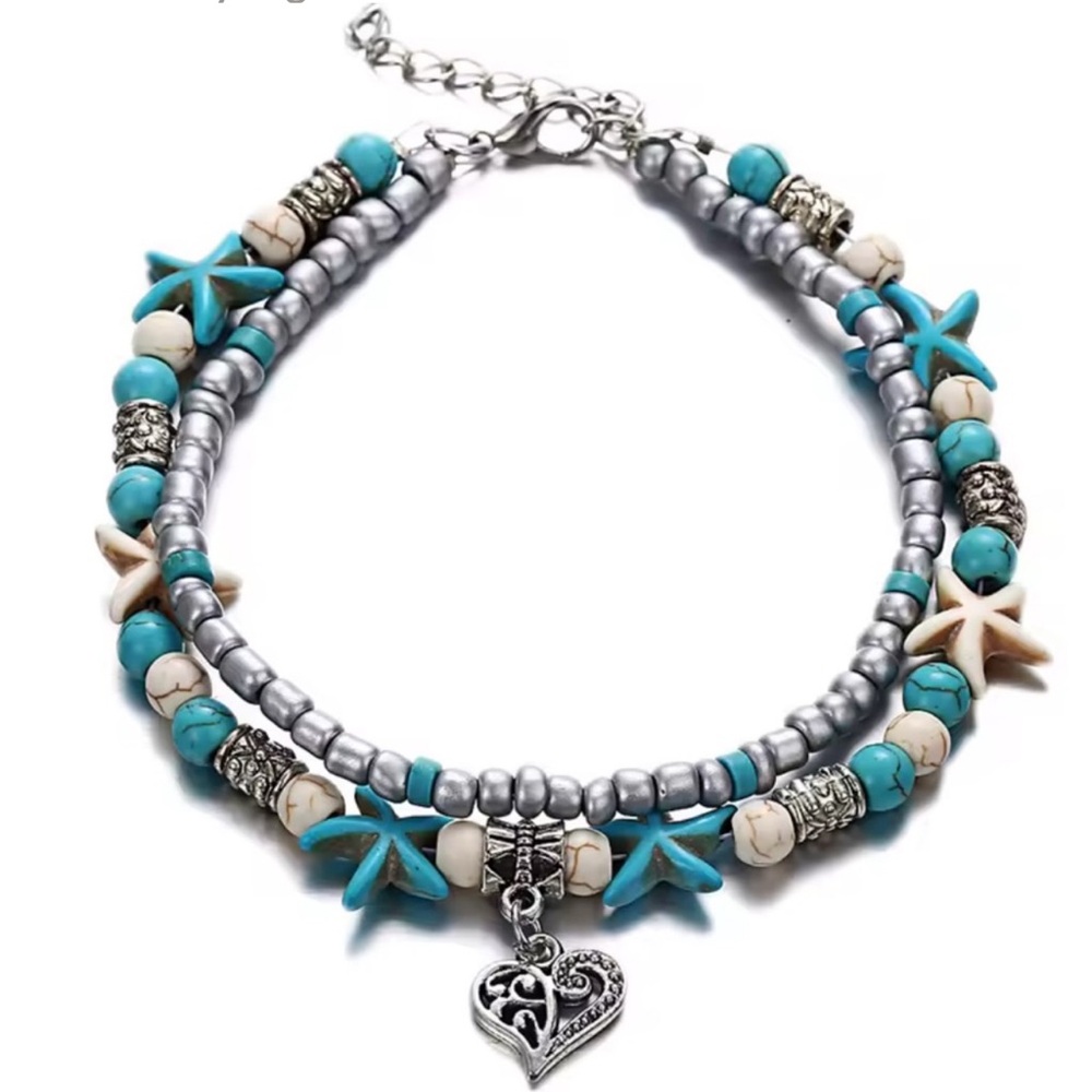Turquoise and Silver Starfish Anklet - Picture 1 of 1